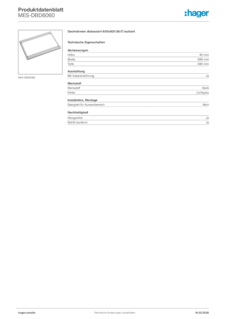 Bild Hager Produktdatenblatt MES-DBD6060 | Hager Deutschland