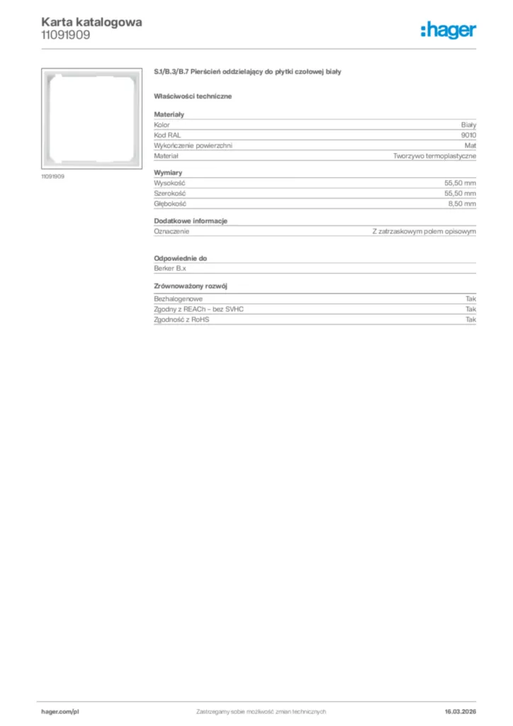 Zdjęcie Hager Karta katalogowa 11091909 | Hager Polska