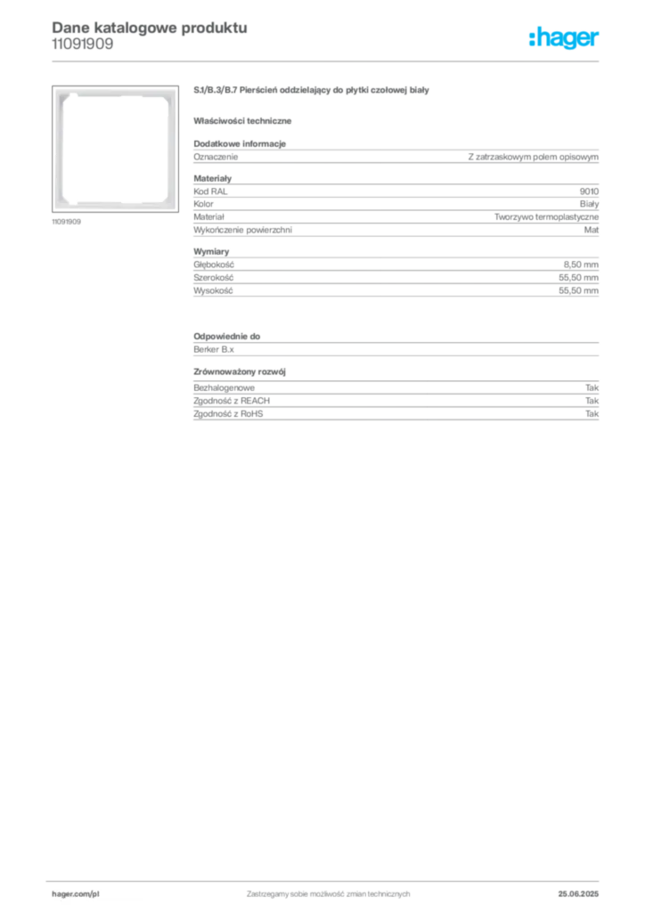 Zdjęcie Hager Karta katalogowa 11091909 | Hager Polska