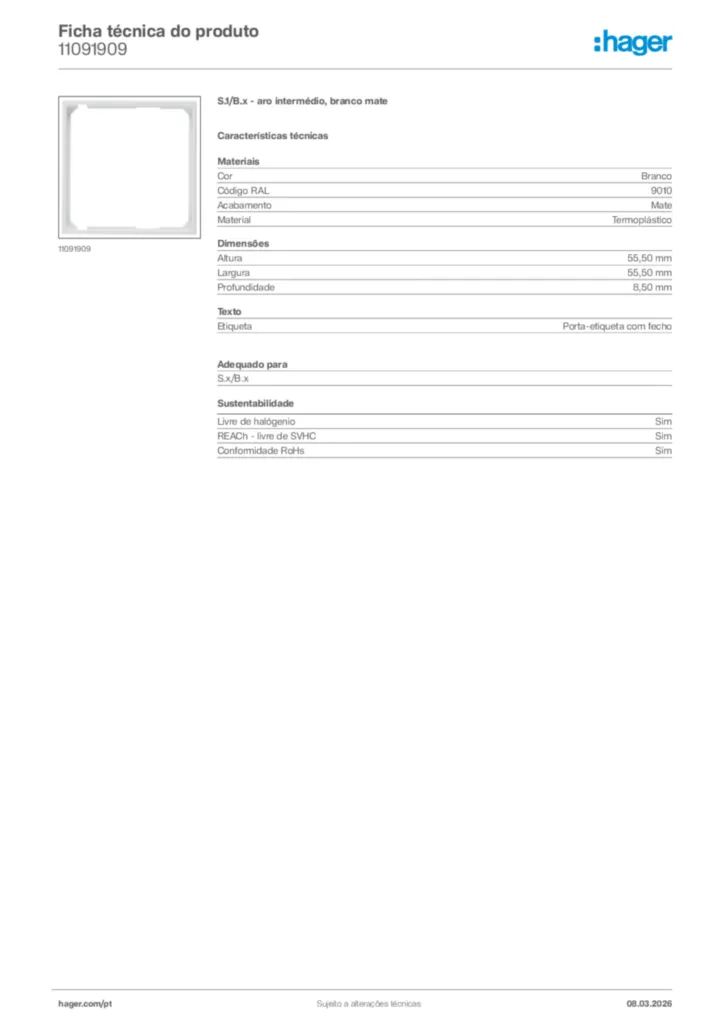 Imagem Hager Ficha técnica do produto 11091909 | Hager Portugal