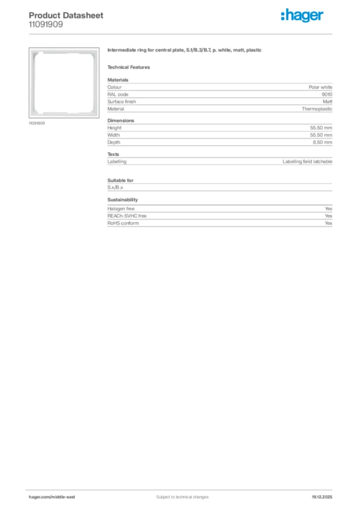 Image Hager Product data sheet 11091909  | Hager