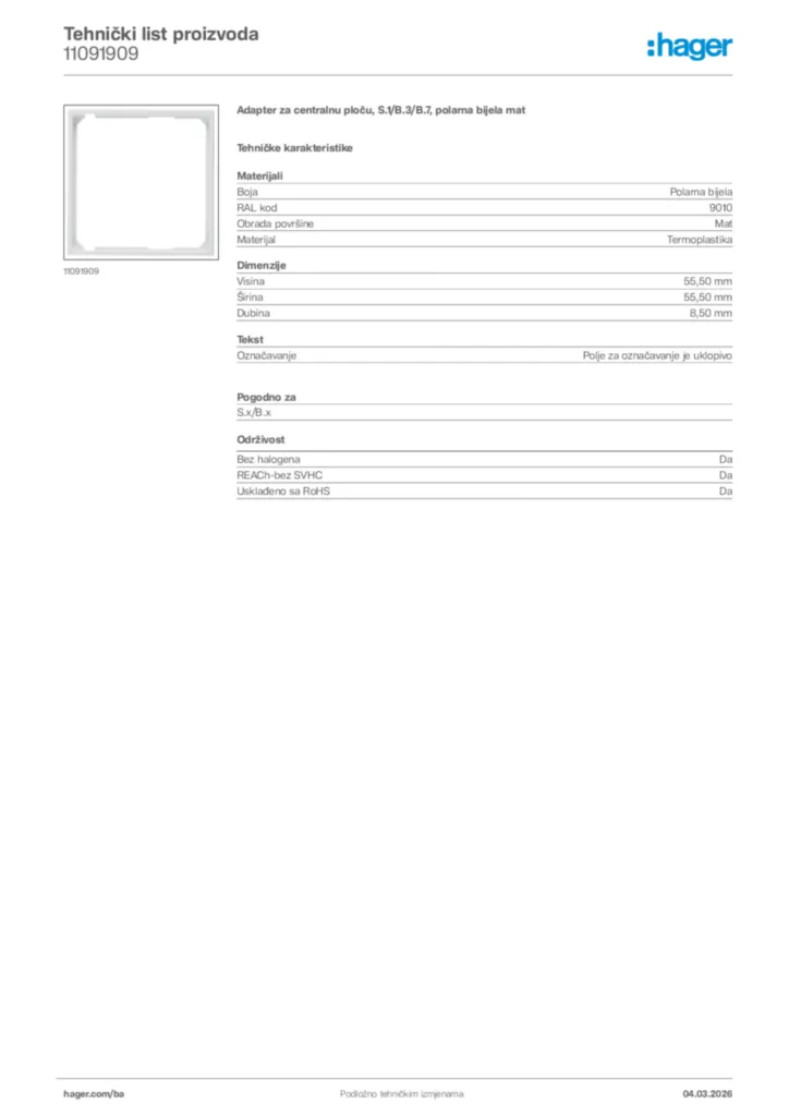 Slika Hager Tehnički list proizvoda 11091909  | Hager