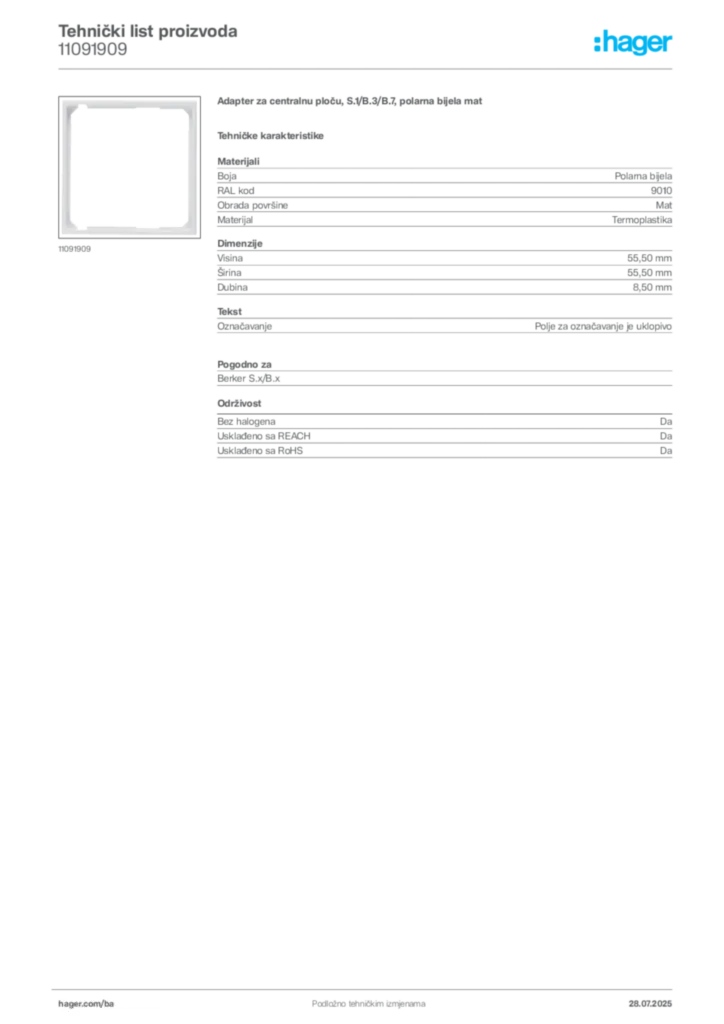 Slika Hager Product data sheet 11091909  | Hager