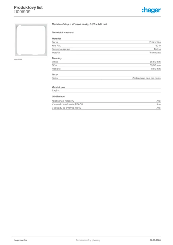 Obrázek Hager Product data sheet 11091909 | Hager