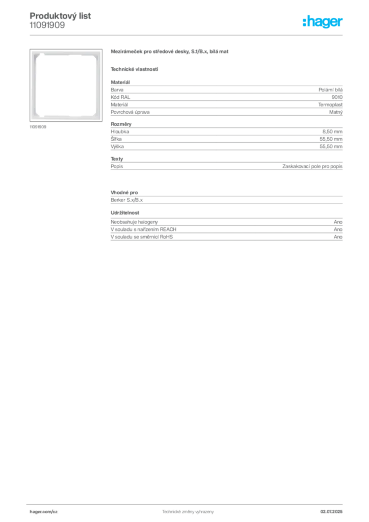 Obrázek Hager Produktový list 11091909 | Hager