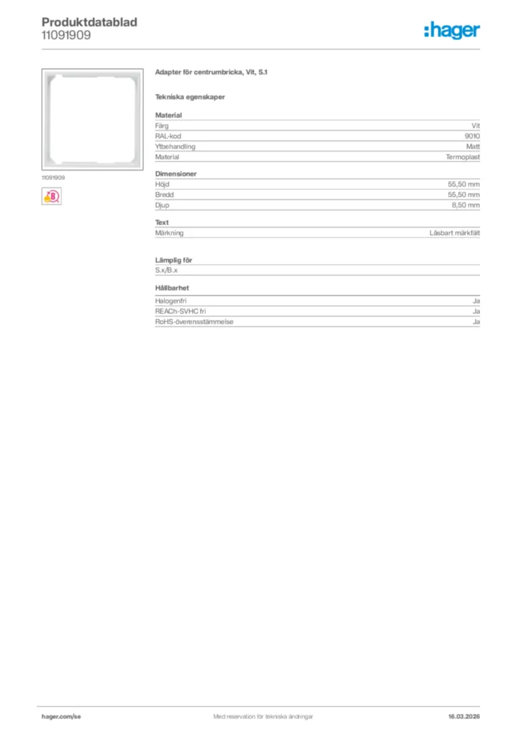 Bild Hager Produktdatablad 11091909 | Hager Sverige