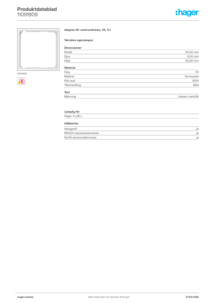 Bild Hager Produktdatablad 11091909 | Hager Sverige