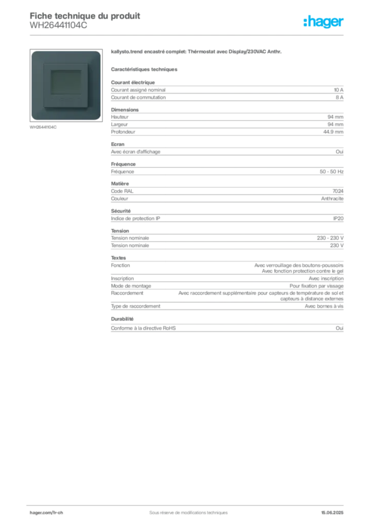 Image Hager Fiche technique du produit WH26441104C | Hager Suisse