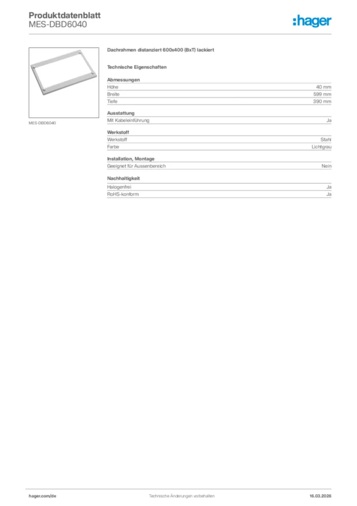Bild Hager Produktdatenblatt MES-DBD6040 | Hager Deutschland
