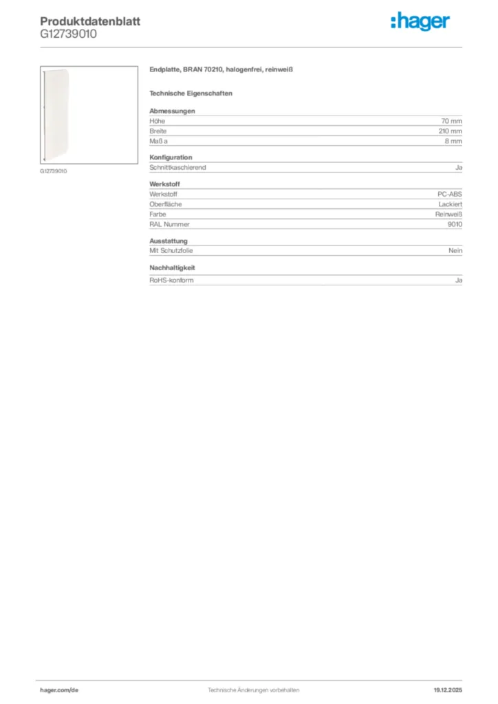 Bild Hager Produktdatenblatt G12739010 | Hager Deutschland