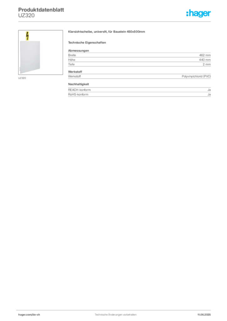 Bild Hager Produktdatenblatt UZ320 | Hager Schweiz