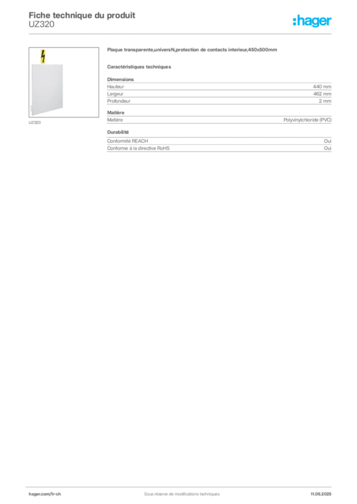 Image Hager Fiche technique du produit UZ320 | Hager Suisse