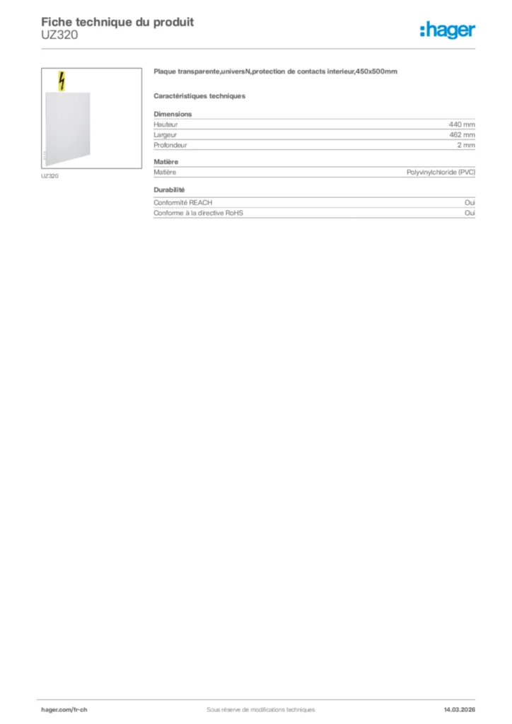 Image Hager Fiche technique du produit UZ320 | Hager Suisse