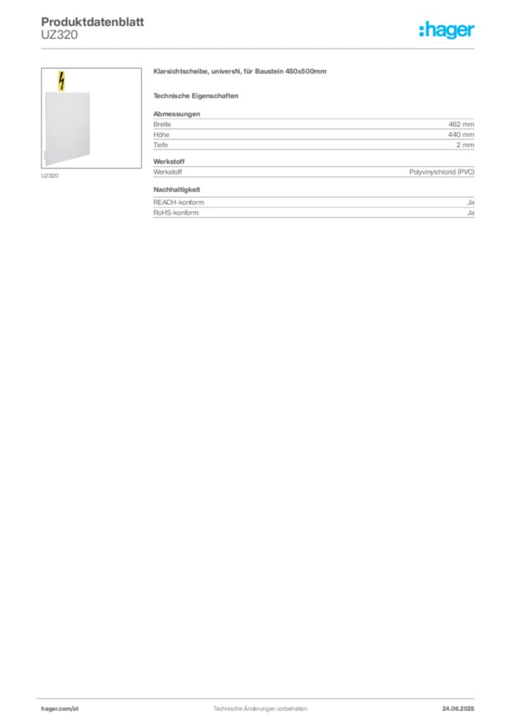 Bild Hager Produktdatenblatt UZ320 | Hager Deutschland