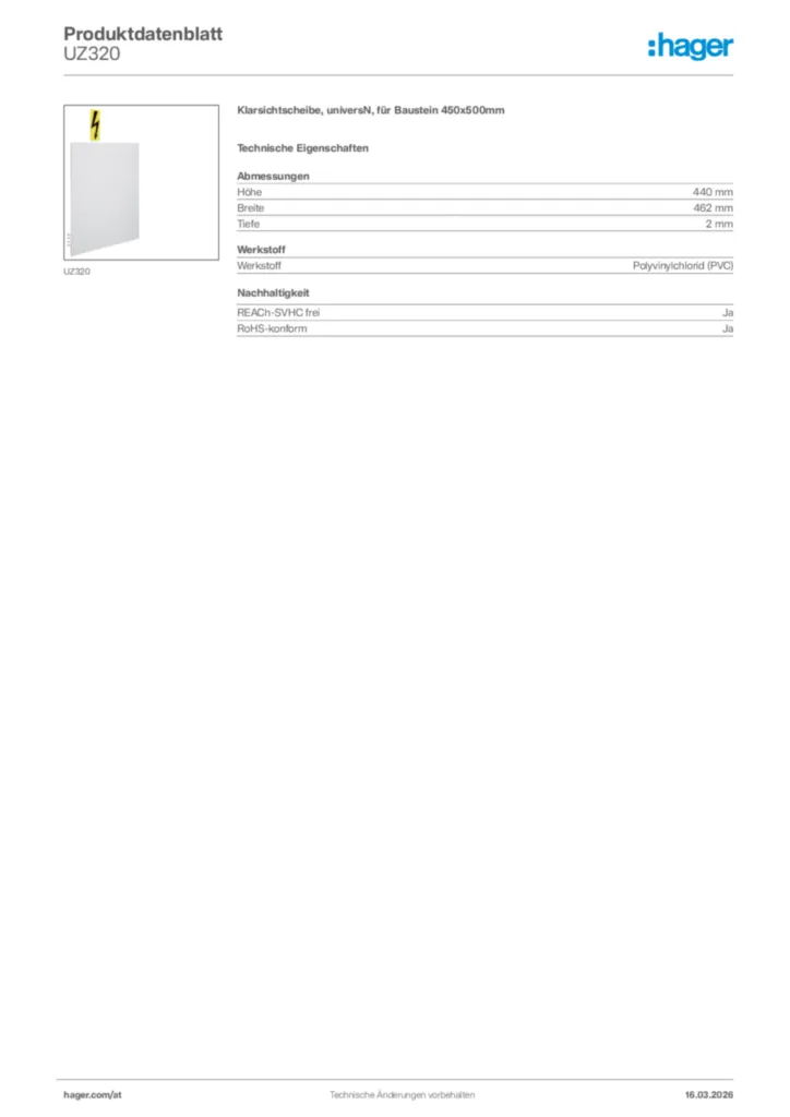 Bild Hager Produktdatenblatt UZ320 | Hager Deutschland