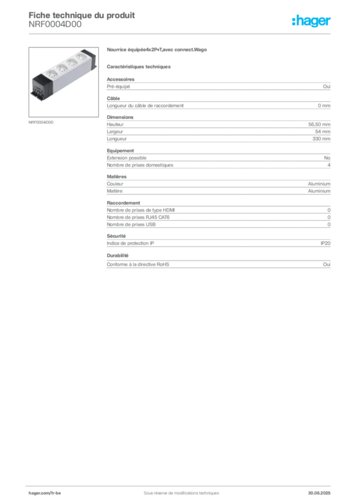 Image Hager Fiche technique du produit NRF0004D00 | Hager Belgique