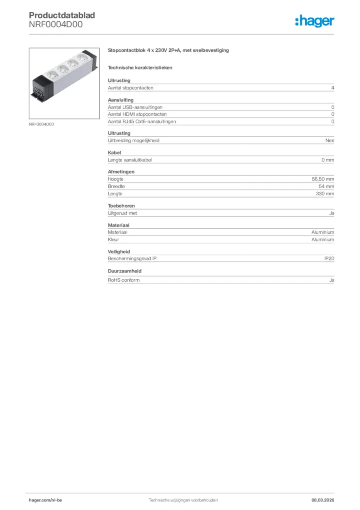Afbeelding Hager Productdatablad NRF0004D00 | Hager Belgium