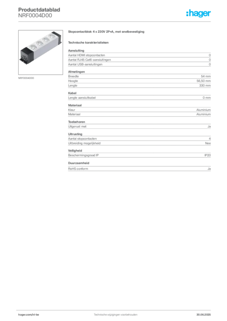 Afbeelding Hager Productdatablad NRF0004D00 | Hager Belgium