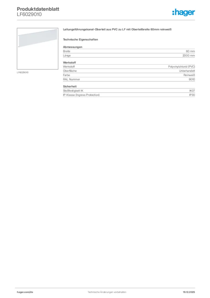 Bild Hager Produktdatenblatt LF6029010 | Hager Deutschland