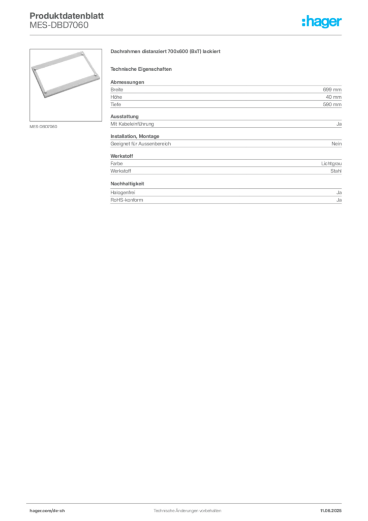 Bild Hager Produktdatenblatt MES-DBD7060 | Hager Schweiz