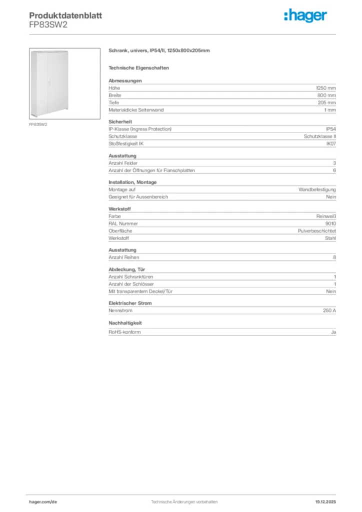 Bild Hager Produktdatenblatt FP83SW2 | Hager Deutschland