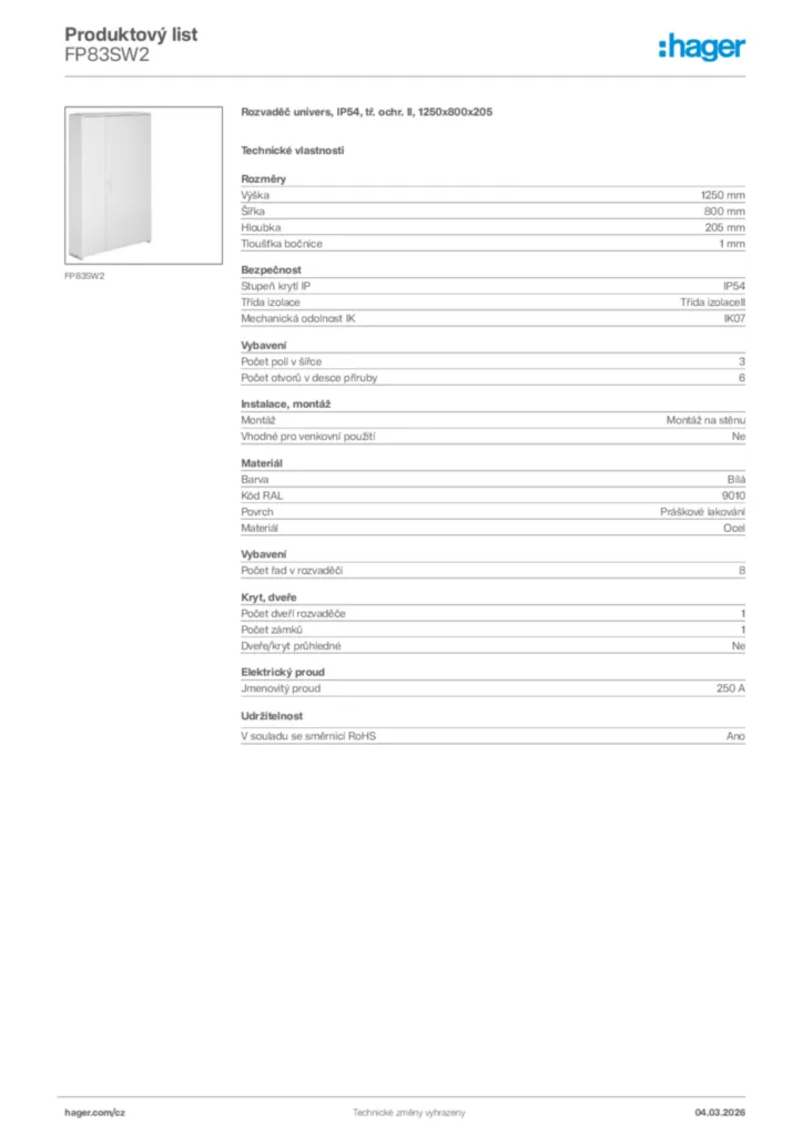 Obrázek Hager Product data sheet FP83SW2 | Hager
