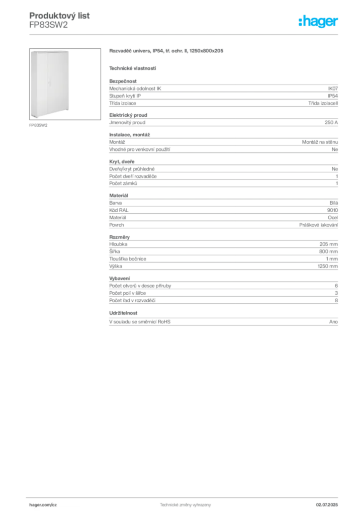 Obrázek Hager Produktový list FP83SW2 | Hager
