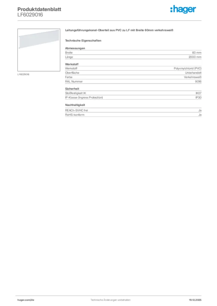 Bild Hager Produktdatenblatt LF6029016 | Hager Deutschland
