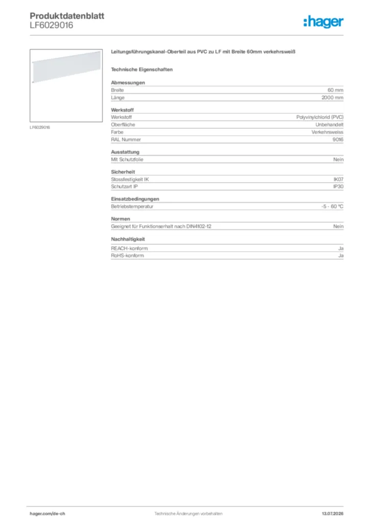 Bild Hager Produktdatenblatt LF6029016 | Hager Schweiz