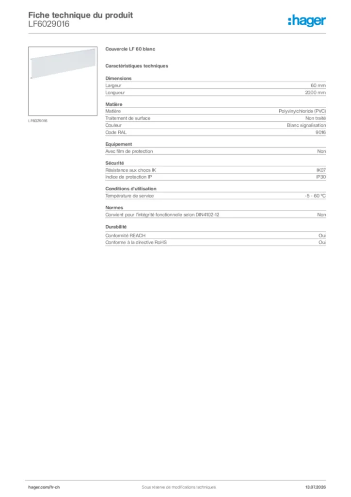 Image Hager Fiche technique du produit LF6029016 | Hager Suisse