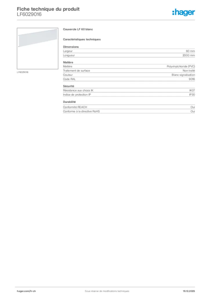 Image Hager Fiche technique du produit LF6029016 | Hager Suisse