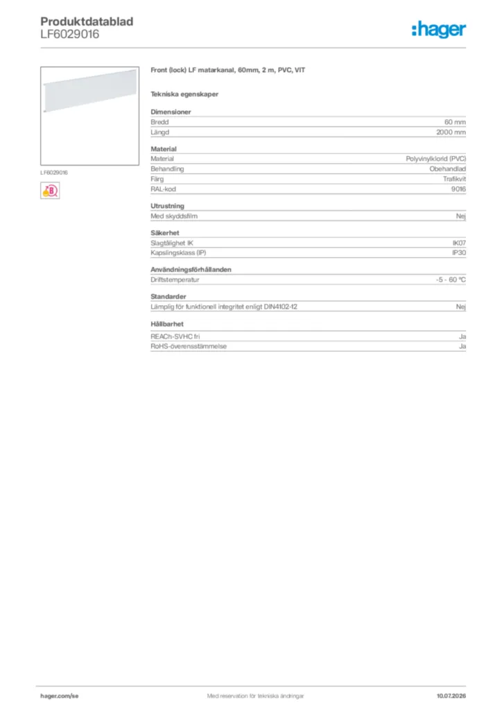 Bild Hager Produktdatablad LF6029016 | Hager Sverige