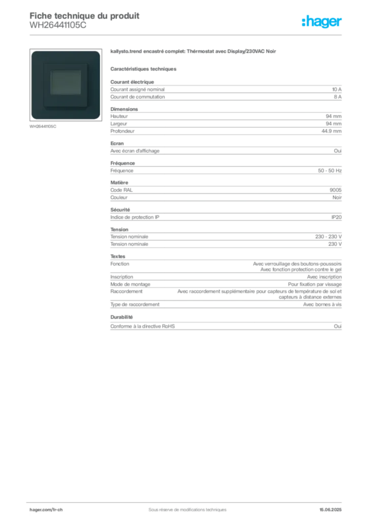 Image Hager Fiche technique du produit WH26441105C | Hager Suisse