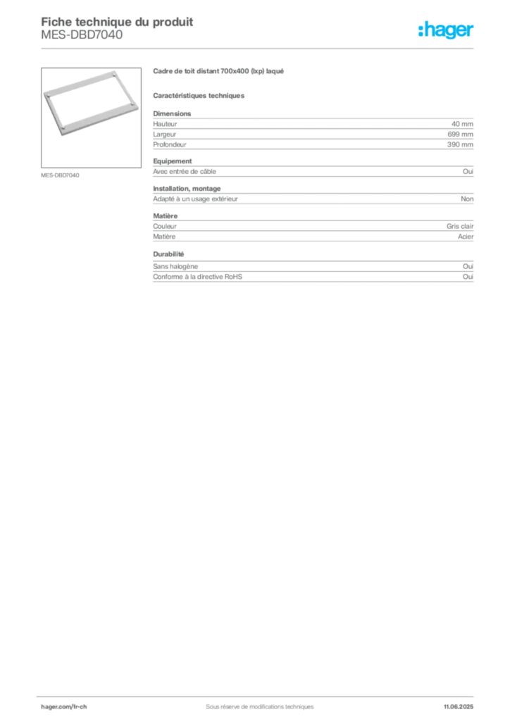 Image Hager Fiche technique du produit MES-DBD7040 | Hager Suisse