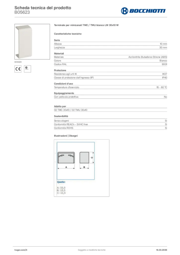 Immagine Bocchiotti Scheda tecnica del prodotto B05623 | Hager Italia