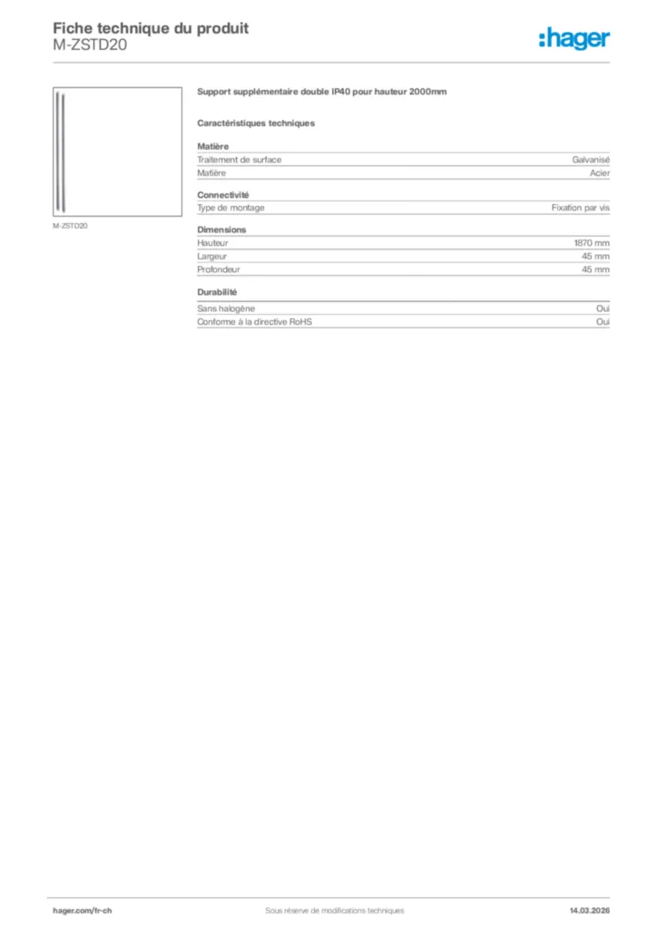 Image Hager Fiche technique du produit M-ZSTD20 | Hager Suisse