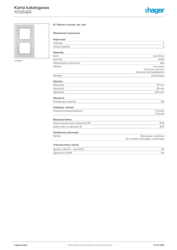 Zdjęcie Hager Karta katalogowa 10126424 | Hager Polska