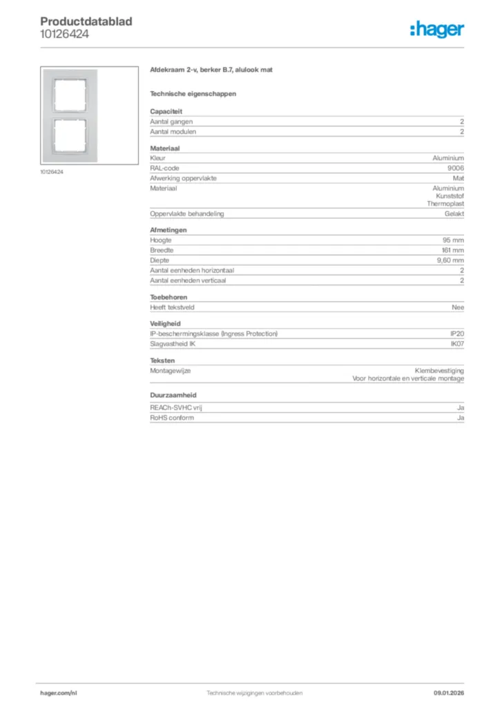 Afbeelding Hager Productdatablad 10126424 | Hager Nederland
