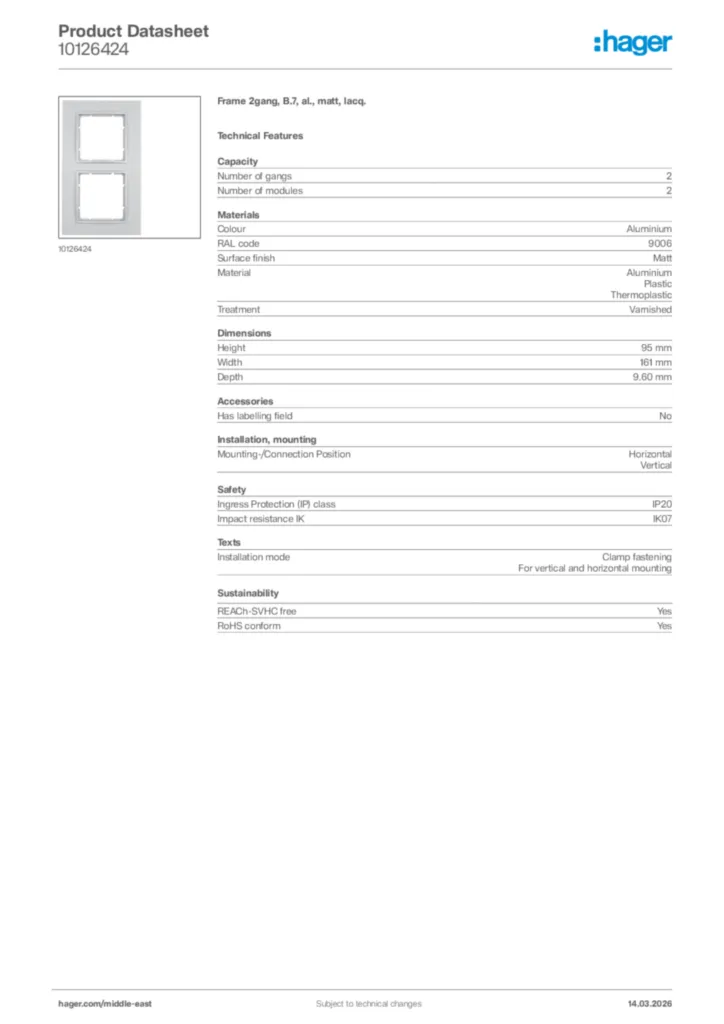 Image Hager Product data sheet 10126424  | Hager