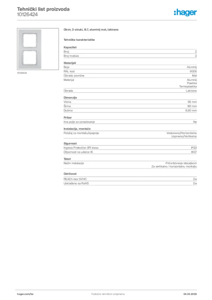 Slika Hager Tehnički list proizvoda 10126424  | Hager