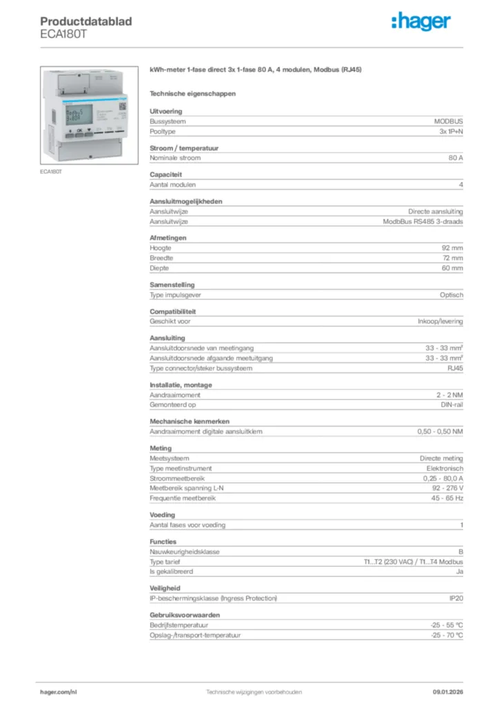 Afbeelding Hager Productdatablad ECA180T | Hager Nederland