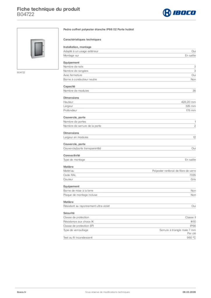 Image Iboco Fiche technique du produit B04722 | Hager France