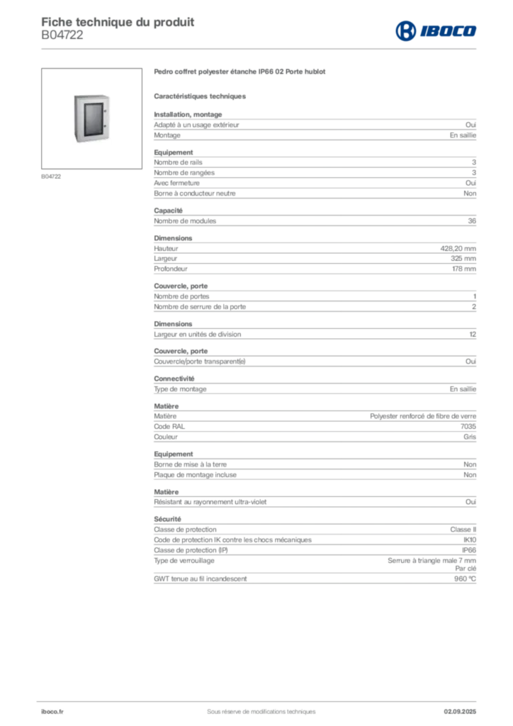Image Iboco Fiche technique du produit B04722 | Hager France