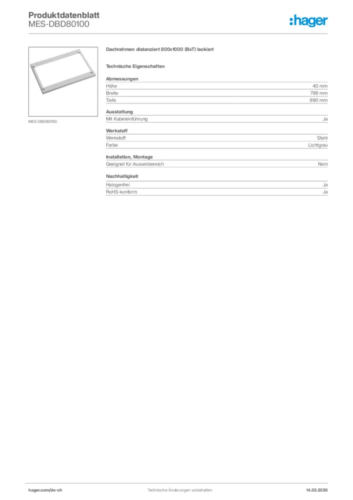 Bild Hager Produktdatenblatt MES-DBD80100 | Hager Schweiz