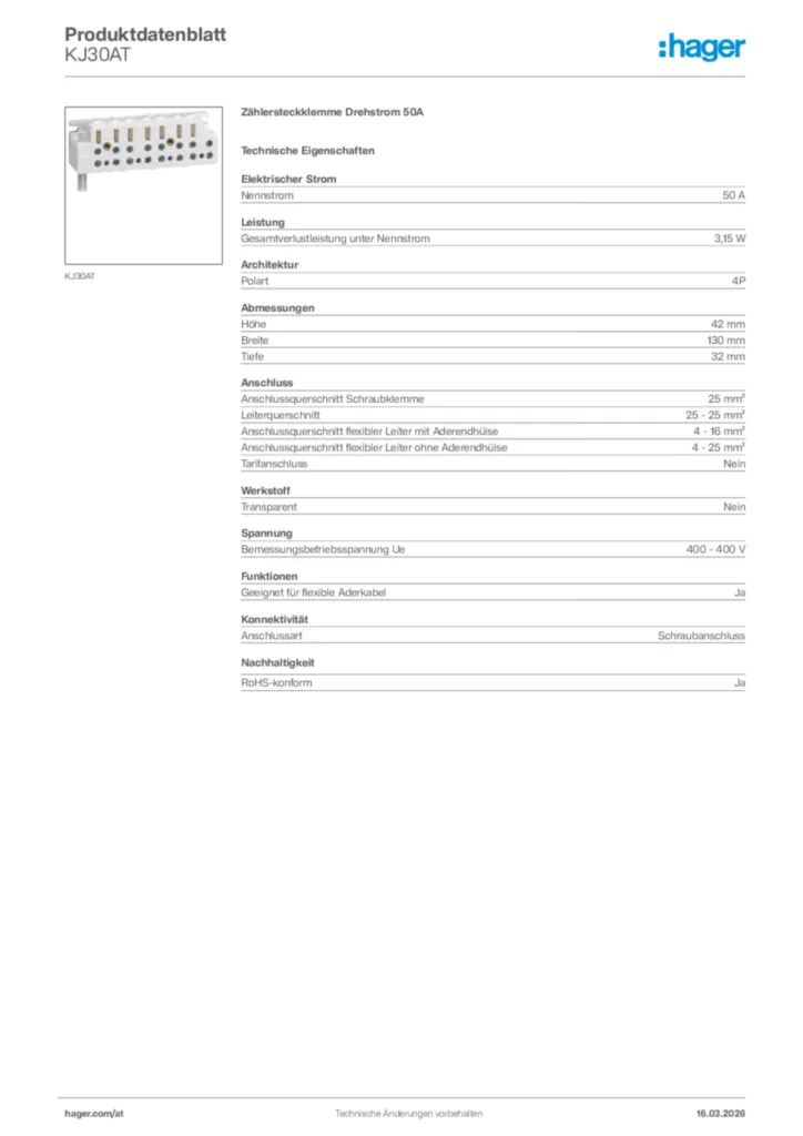 Bild Hager Produktdatenblatt KJ30AT | Hager Deutschland