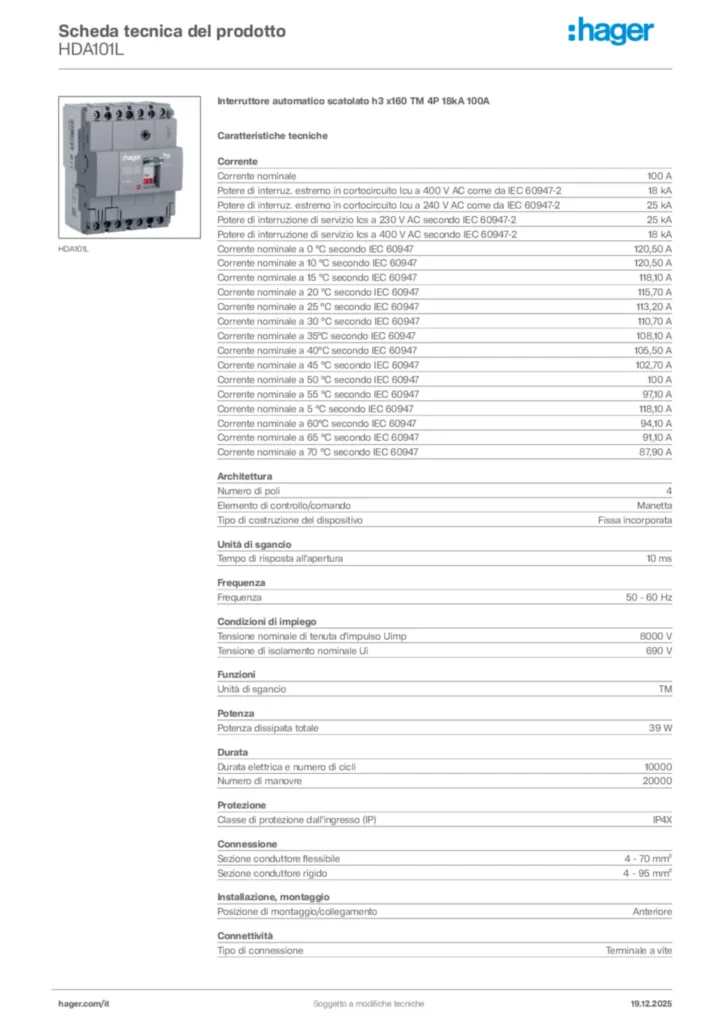 Immagine Hager Scheda tecnica del prodotto HDA101L | Hager Italia