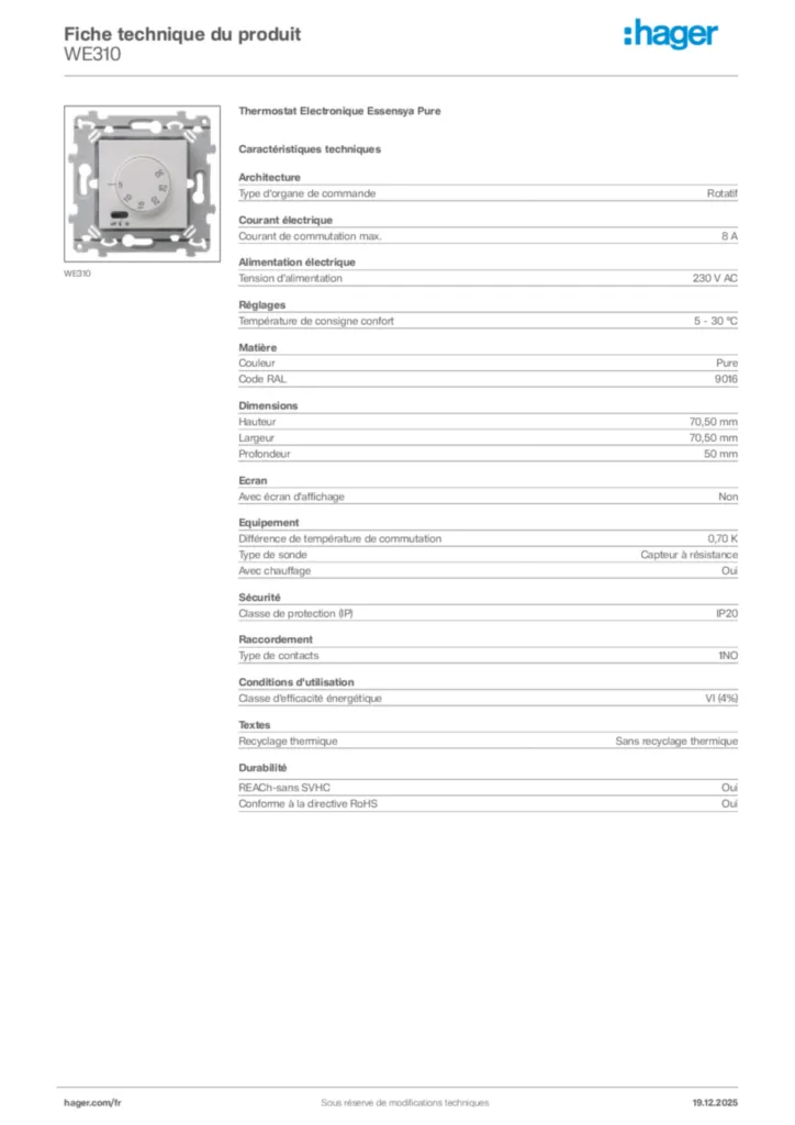 Image Hager Fiche technique du produit WE310 | Hager France