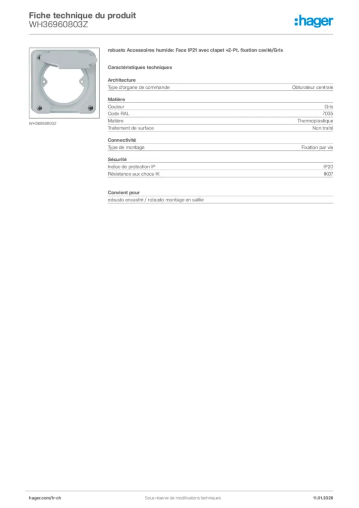 Image Hager Fiche technique du produit WH36960803Z | Hager Suisse