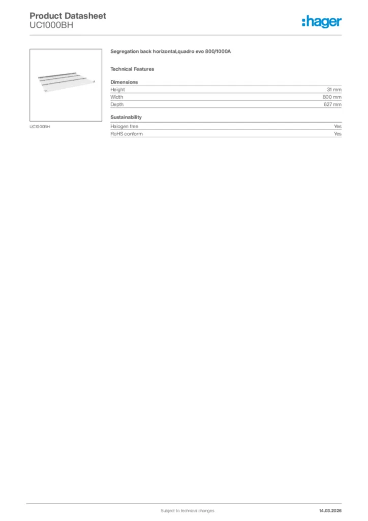Image Hager Product data sheet UC1000BH  | Hager Africa