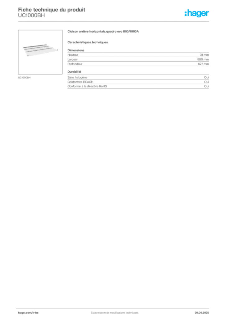 Image Hager Fiche technique du produit UC1000BH | Hager Belgique
